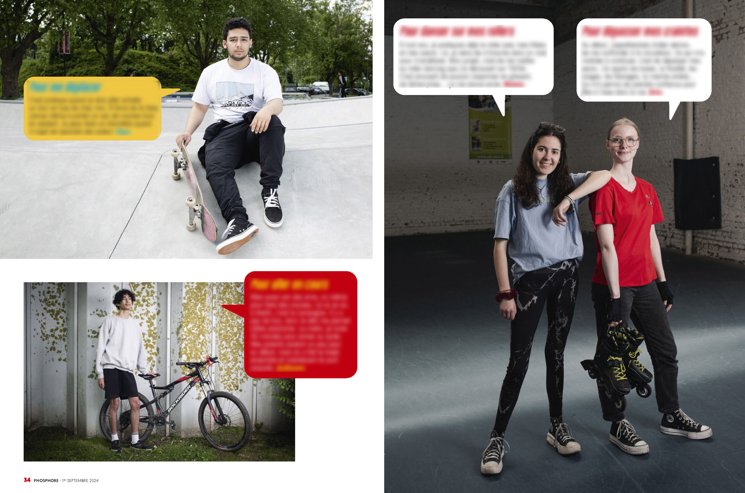 Parution de Richard Baron / Light Motiv dans le numéro 34 du magazine Phosphore (septembre 2024) / Richard Baron a louvoyé entre les trottinettes, les skateboards, les vélos, et les rollers dans les rues de la métropole lilloise. Avec un public jeune aux commandes qui roulent pour le plaisir du sport et du partage, comme alternative de transport, pour prendre confiance ou se donner des frissons. Microtrottoir réalisé par Assia Hamdi.