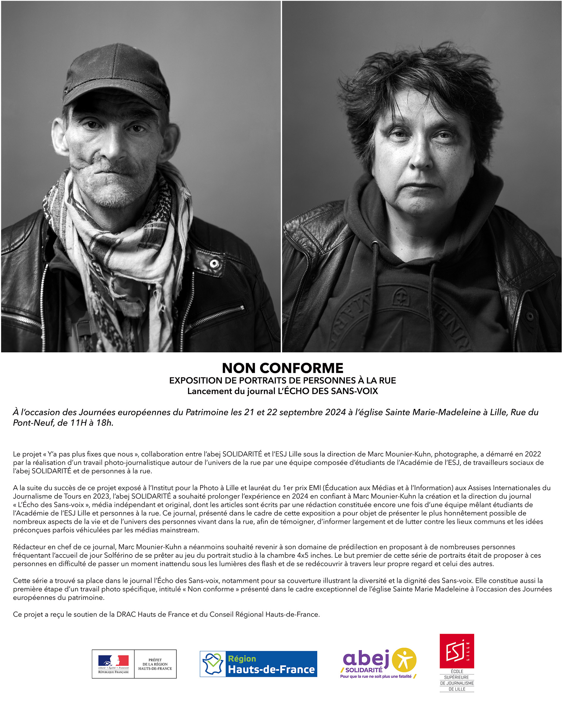 Affiche de l'exposition "Non Conforme" du photographe Marc Mounier-Kuhn (Light Motiv) sur les portraits de personnes sans domicile fixe avec l'association Abej Solidarité, annonçant également le lancement du journal L'écho des sans-voix réalisé par les personnes de la rue lors d'ateliers avec le photographe en 2024. Exposition visible à l'église Sainte-Marie-Madeleine, rue du Pont Neuf à Lille